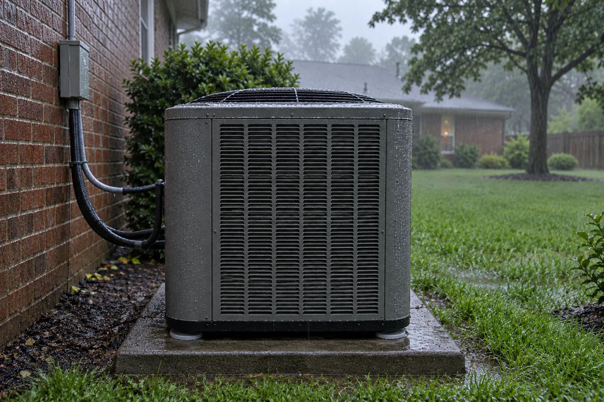 Outdoor AC condenser unit running in the rain outside a brick home in the North Carolina Piedmont on a cloudy, humid summer day