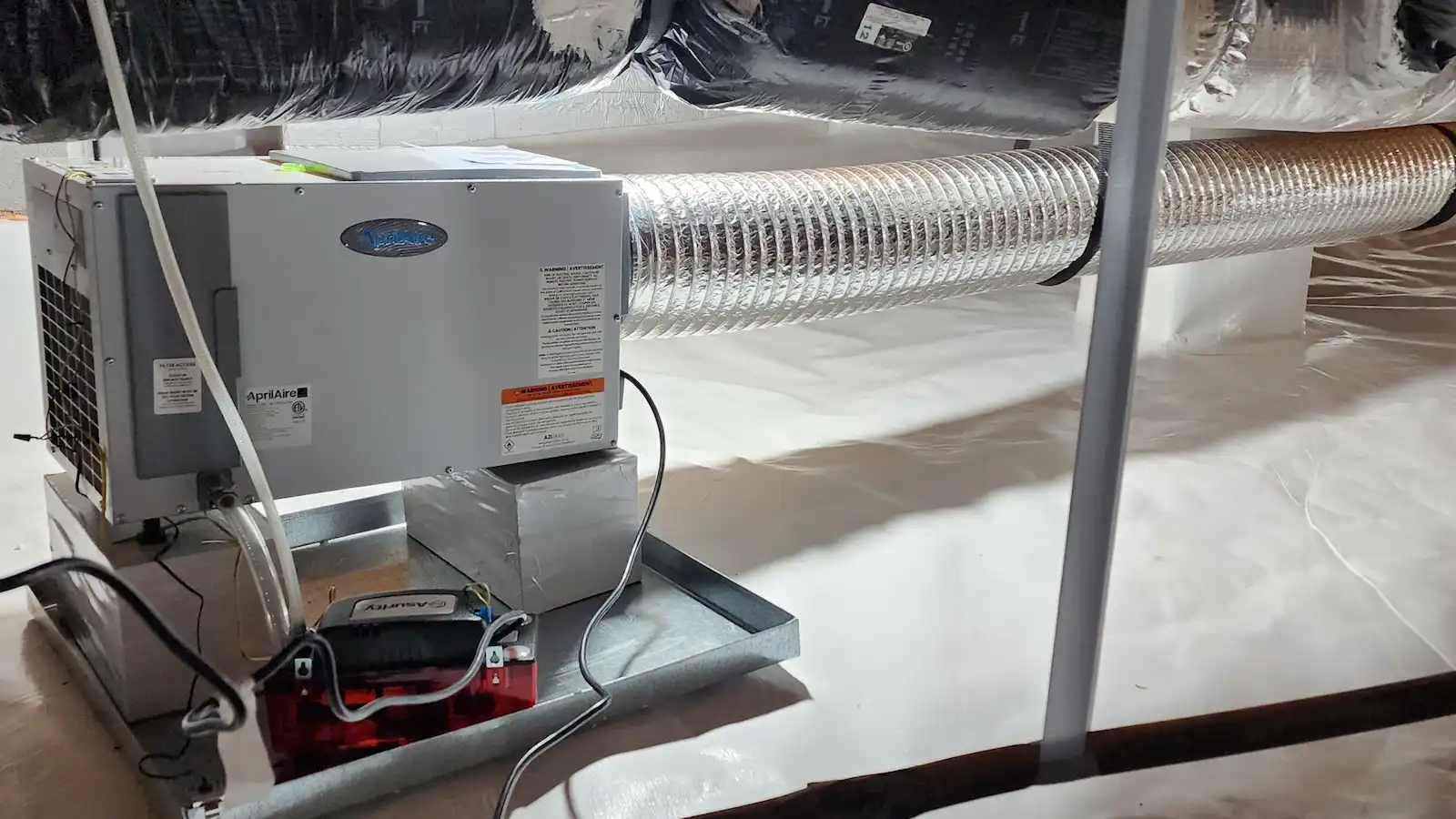 AprilAire crawl space dehumidifier installed in an encapsulated crawl space in Raleigh NC