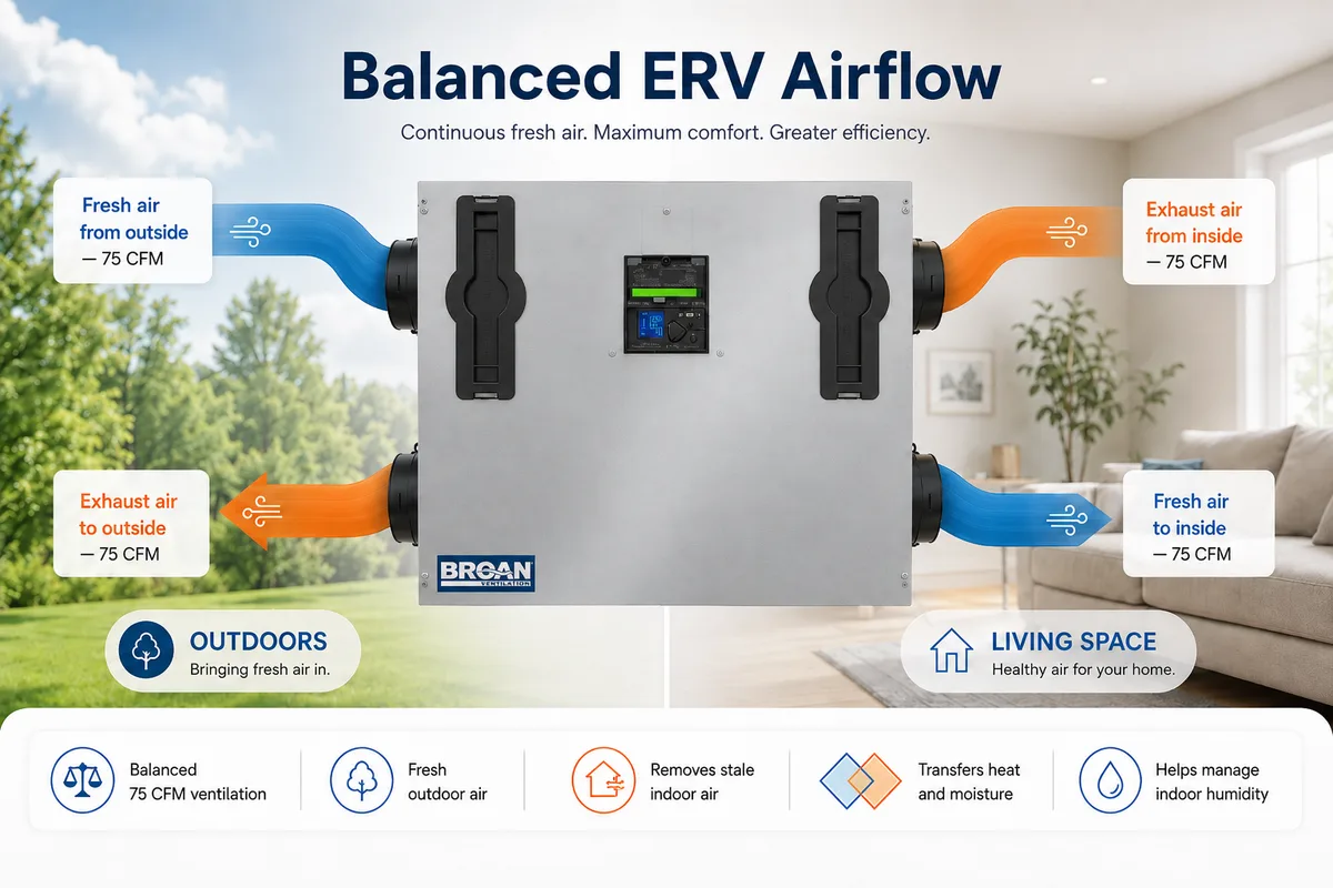Diagram of balanced ERV airflow showing a Broan energy recovery ventilator with four duct connections: fresh outdoor air in and supplied to the living space at 75 CFM, stale indoor air exhausted back outside at the same 75 CFM, with heat and moisture exchanged between the two air streams inside the core