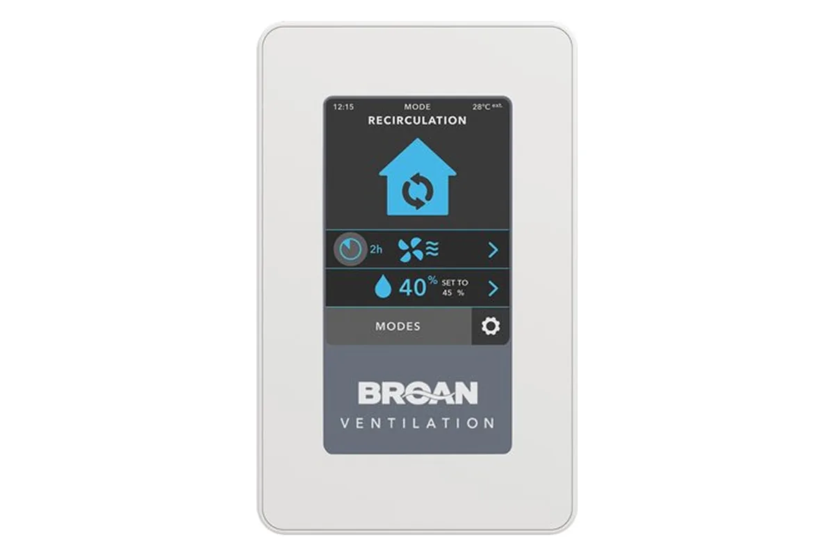 Broan VTTOUCHW touchscreen wall control for an ERV, displaying recirculation mode with a timer, fan speed setting, and indoor humidity at 40 percent against a 45 percent setpoint