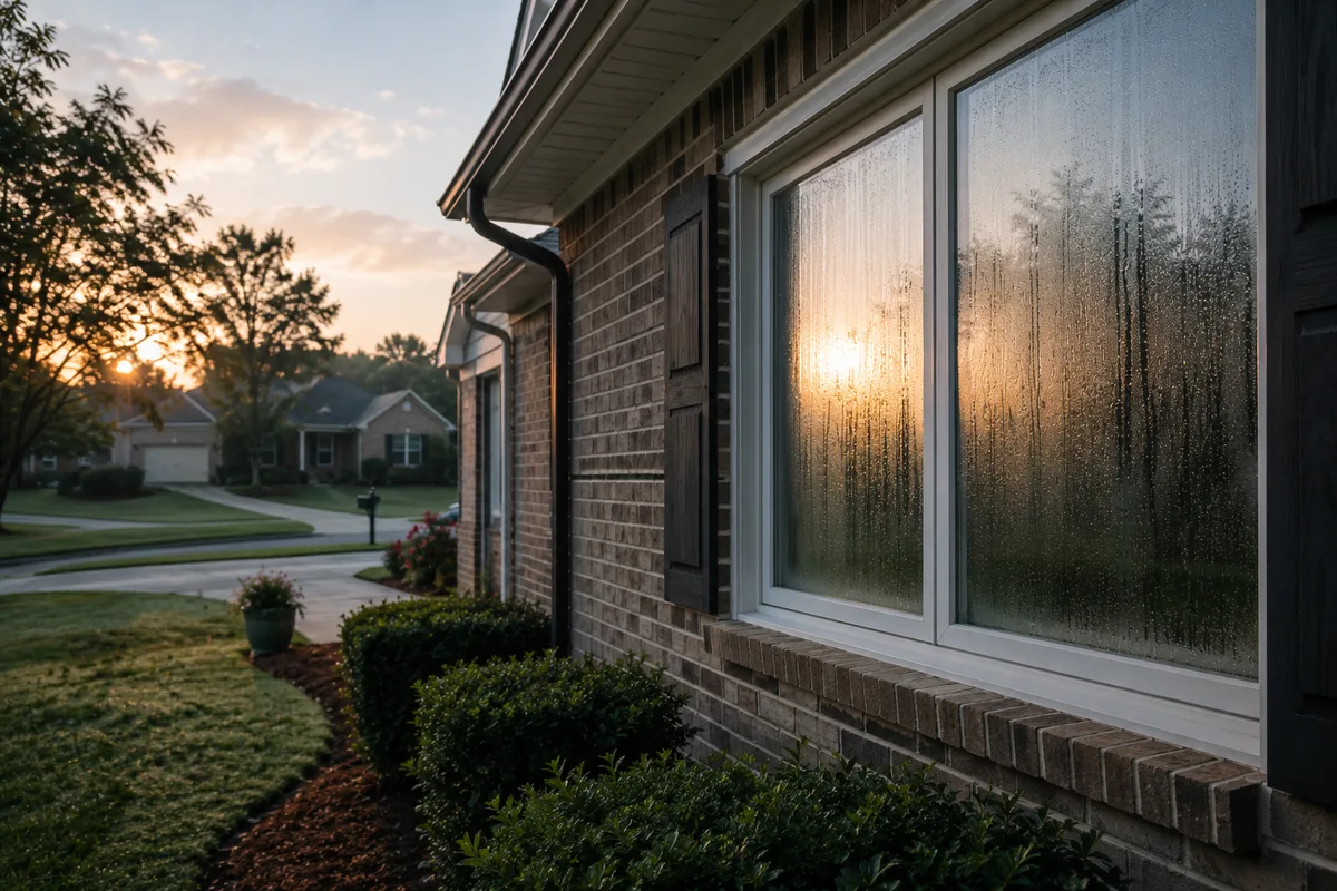 Dew streaking down the outside of a window on a brick Triangle-area home at sunrise