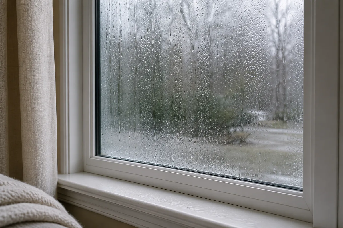 Heavy condensation streaking down the inside of a window in a Raleigh NC home