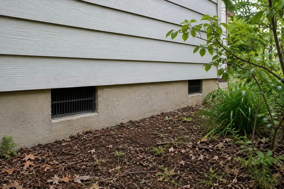 Two foundation vents on the concrete block exterior of a Wake County NC home showing typical crawl space vent openings that pull in humid summer air