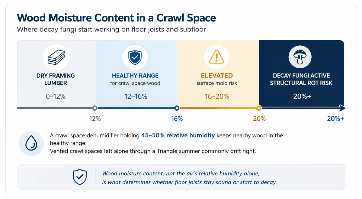 Chart showing wood moisture content zones in a crawl space: 0 to 12 percent dry framing lumber, 12 to 16 percent healthy range, 16 to 20 percent elevated surface mold risk, and above 20 percent decay fungi active with structural rot risk