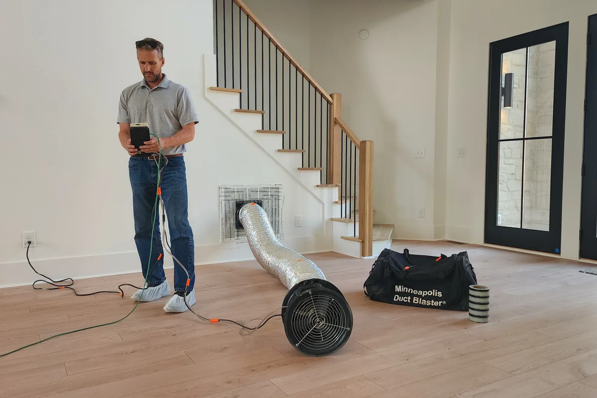 Duct leakage test in progress on a Raleigh NC home