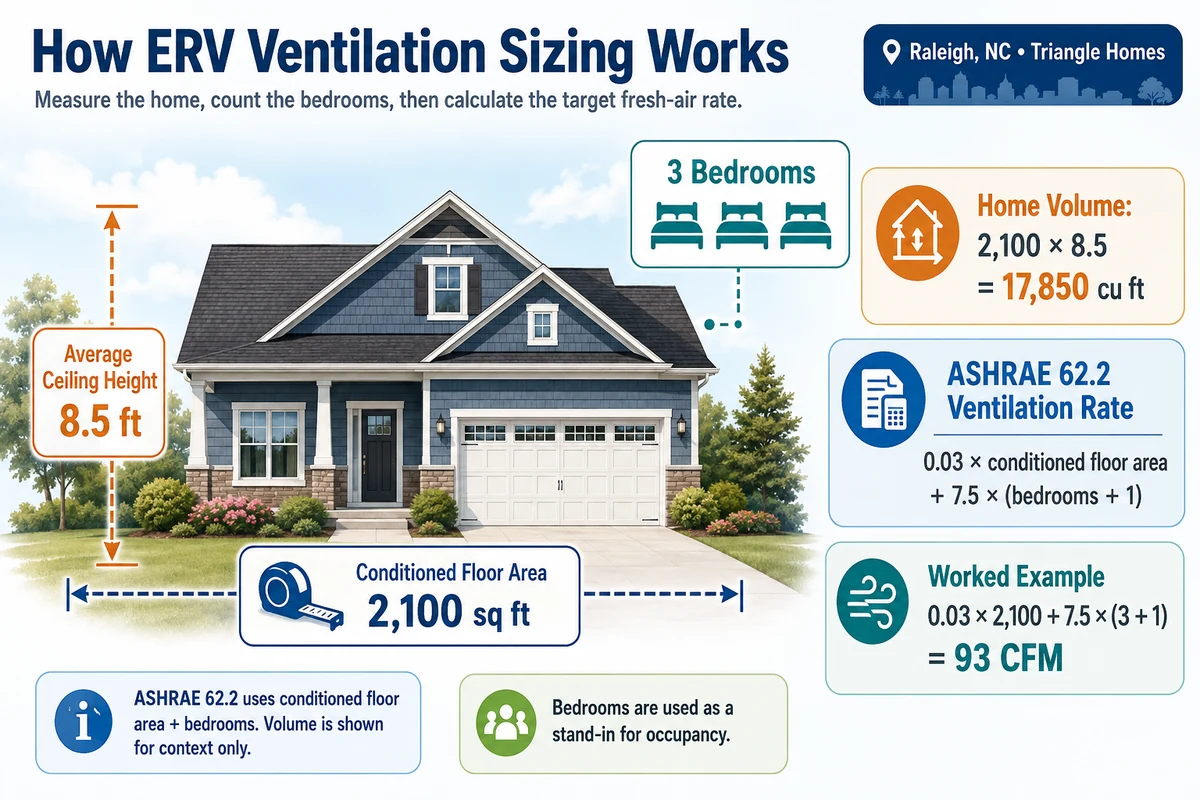 ERV ventilation sizing infographic for a Raleigh NC home: 2,100 sq ft conditioned floor area with 8.5 ft average ceilings and 3 bedrooms, worked through the ASHRAE 62.2 formula 0.03 x floor area + 7.5 x (bedrooms + 1) to a 93 CFM target fresh-air rate