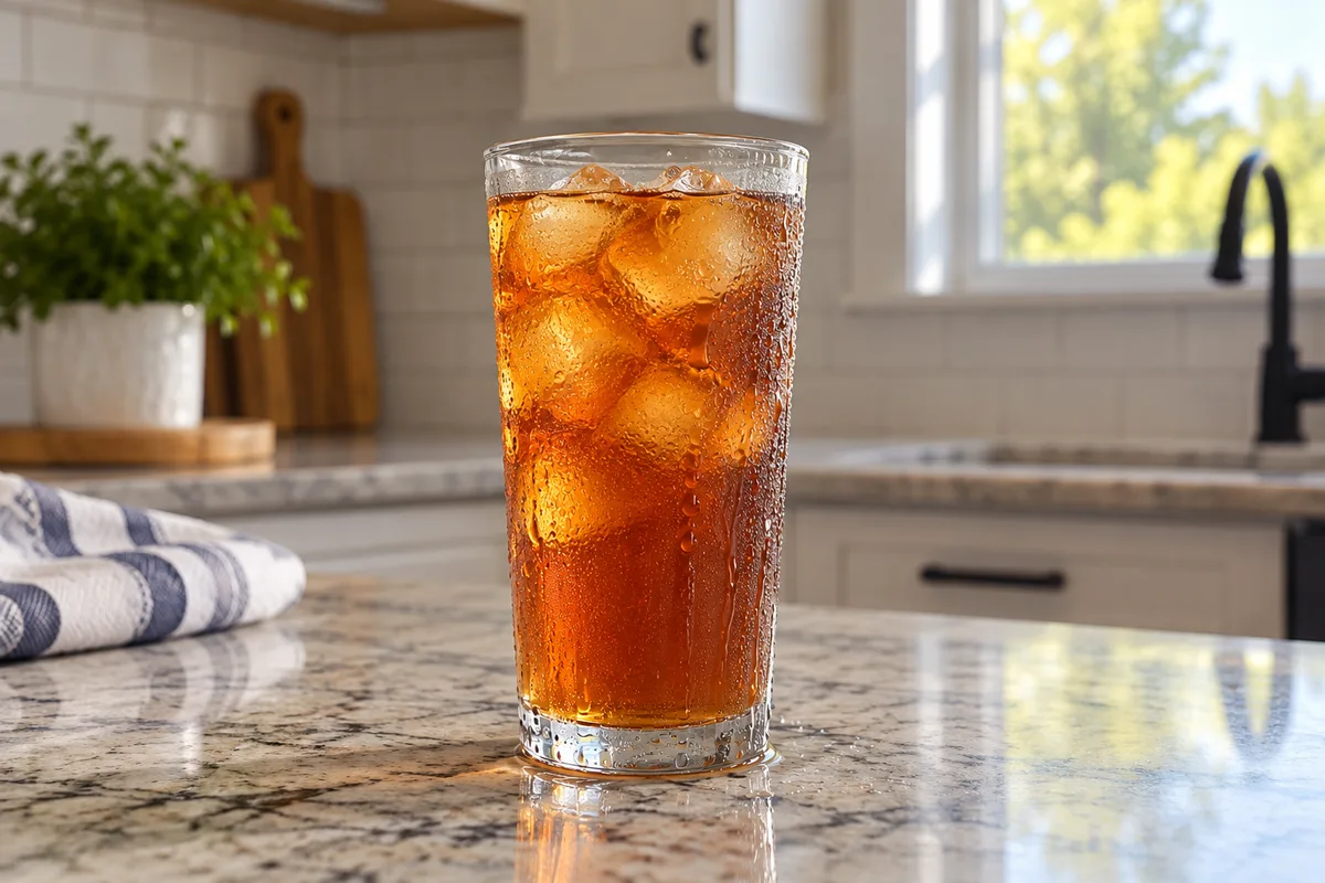 Tall glass of iced tea covered in beads of condensation on a granite kitchen counter
