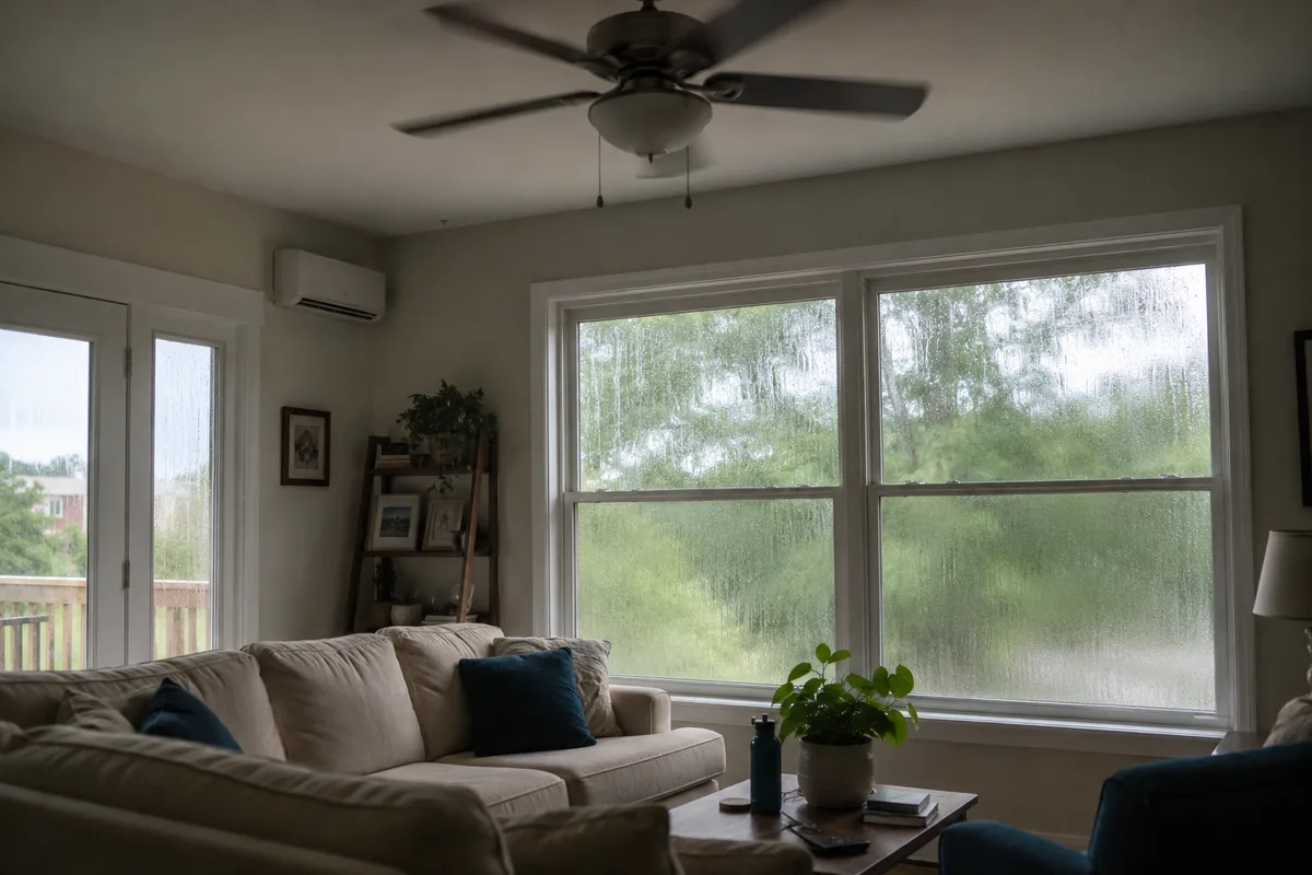 Living room in a Raleigh NC home in summer showing a ceiling fan and window condensation, conveying sticky indoor air despite the AC running