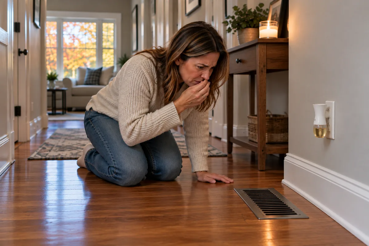Homeowner kneeling in a first-floor hallway reacting to a musty smell coming from a floor register, with a candle and plug-in air freshener nearby, in a Raleigh NC home in the fall