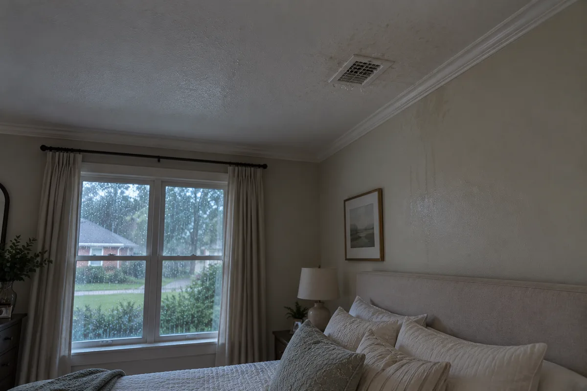 Bedroom on a rainy day with water droplets on a ceiling vent and damp streaks running down the wall below it