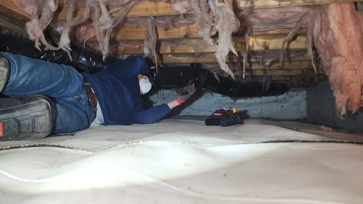 Technician checking crawl space humidity with a moisture meter in Raleigh NC