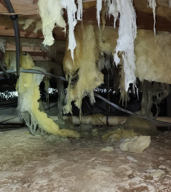 Moisture damaged crawl space with fallen insulation in Raleigh NC home