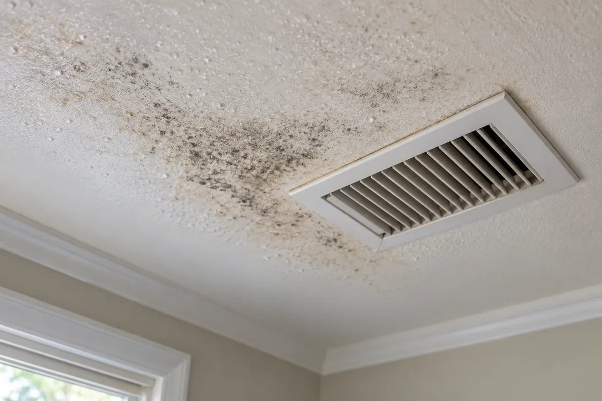 Water droplets and gray-black mildew spotting on a textured ceiling around a supply register