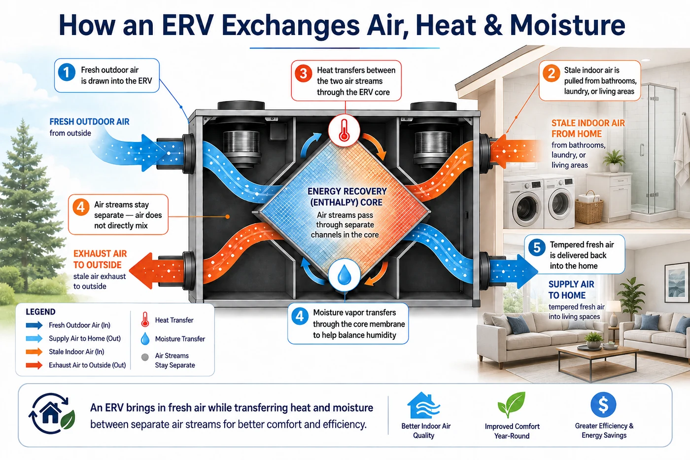 Diagram of how an ERV exchanges air, heat, and moisture: fresh outdoor air is drawn in while stale indoor air from bathrooms, laundry, and living areas is exhausted, and the two streams pass through separate channels in the energy recovery core, transferring heat and moisture to temper the incoming fresh air without the airstreams mixing