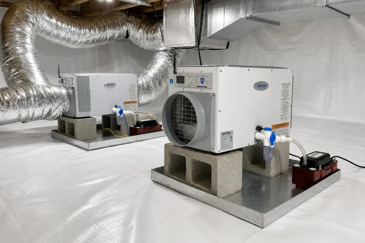 Two AprilAire crawl space dehumidifiers installed in an encapsulated crawl space in Raleigh NC