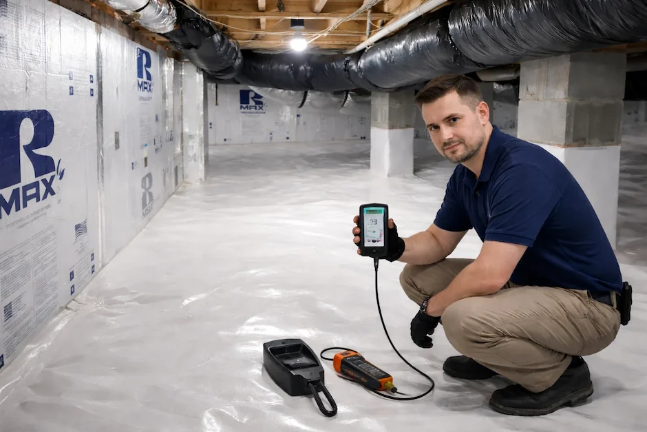 HVAC technician measuring humidity in an encapsulated crawl space